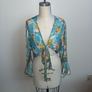 vintage Floral boho Tie-Front Women blouse